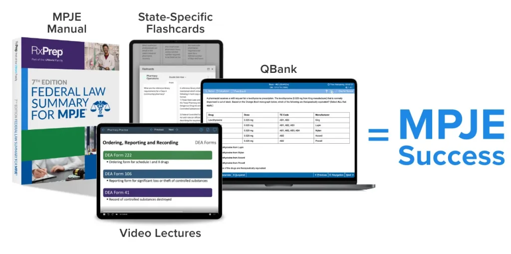 UWorld RxPrep MPJE study materials including a law manual, state-specific flashcards, practice questions, and video lectures.