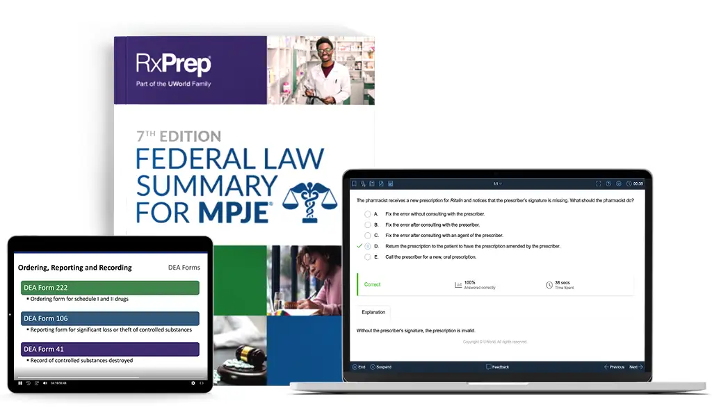 The UWorld RxPrep MPJE online course components that help students score well on the MPJE