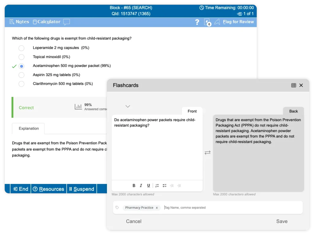 A UWorld RxPrep pharmacy practice flashcard created using a MPJE QBank practice question.