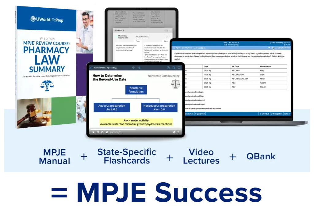 UWorld RxPrep MPJE study materials including a law manual, state-specific flashcards, practice questions, and video lectures.