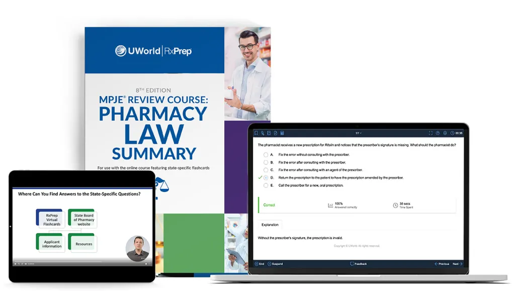 The UWorld RxPrep MPJE online course components that help students score well on the MPJE
