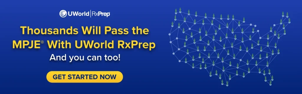 Map of the US with thousands of students that passed the MPJE with UWorld RxPrep.