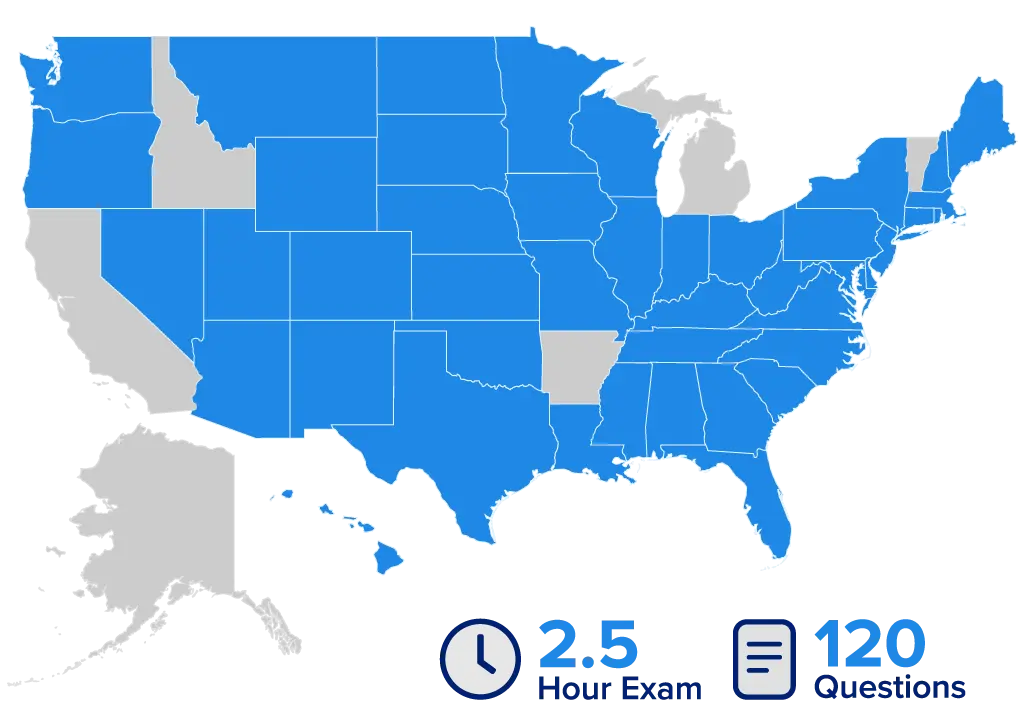 Infographic of all of the states covered on the MPJE and the duration and number of questions on the exam