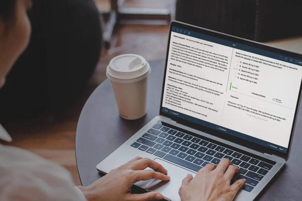 A pharmacy student starting their UWorld RxPrep study session after reviewing the NAPLEX blueprint.